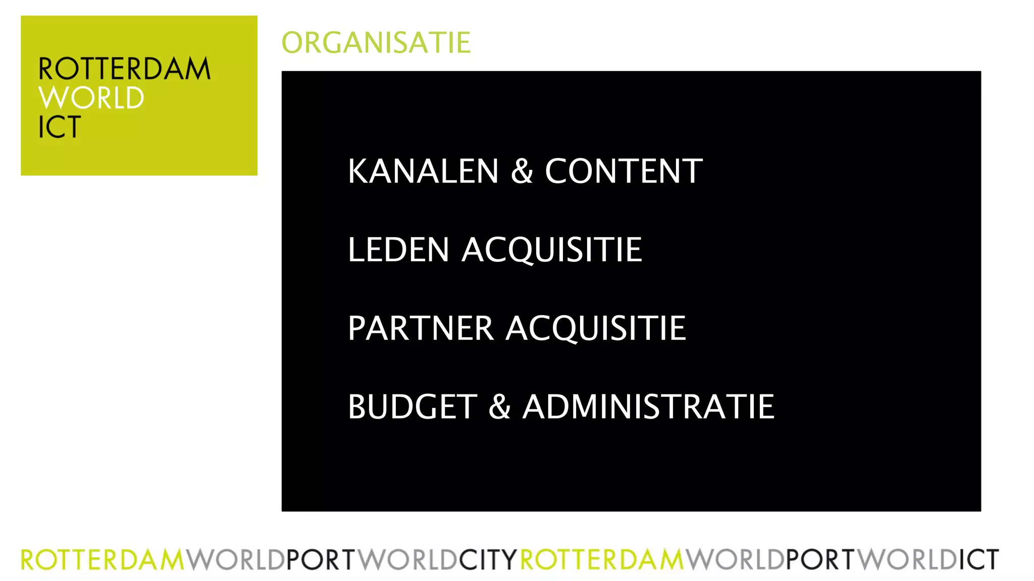 ORGANISATIE



   KANALEN & CONTENT

   LEDEN ACQUISITIE

   PARTNER ACQUISITIE

   BUDGET & ADMINISTRATIE
 