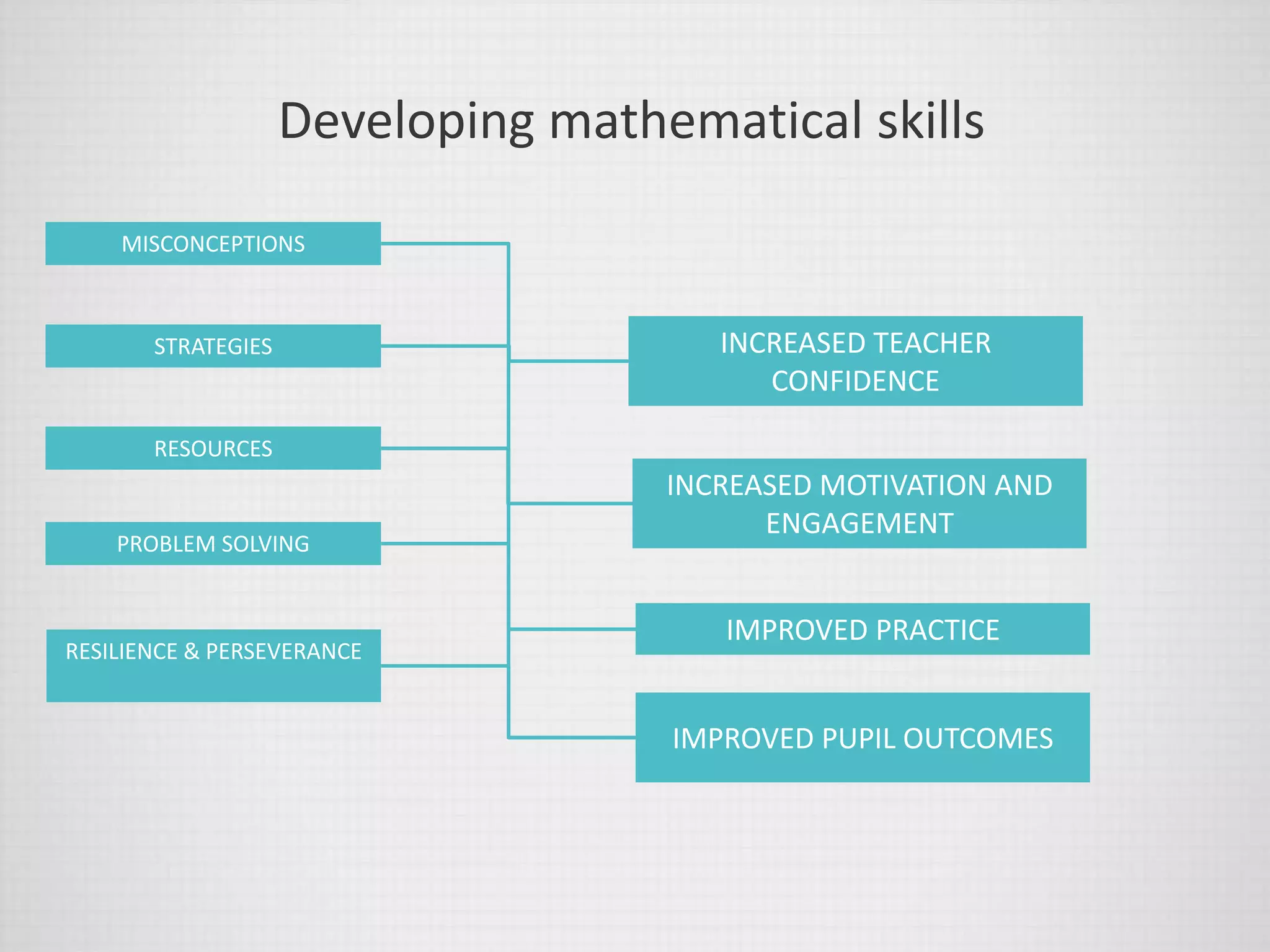 Developing mathematical skills
MISCONCEPTIONS
STRATEGIES
RESOURCES
INCREASED TEACHER
CONFIDENCE
IMPROVED PRACTICE
IMPROVED PUPIL OUTCOMES
PROBLEM SOLVING
INCREASED MOTIVATION AND
ENGAGEMENT
RESILIENCE & PERSEVERANCE
 