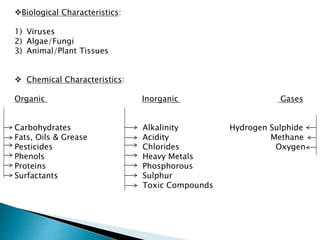 Biological Characteristics:
1) Viruses
2) Algae/Fungi
3) Animal/Plant Tissues
 Chemical Characteristics:
Organic Inorganic Gases
Carbohydrates Alkalinity Hydrogen Sulphide
Fats, Oils & Grease Acidity Methane
Pesticides Chlorides Oxygen
Phenols Heavy Metals
Proteins Phosphorous
Surfactants Sulphur
Toxic Compounds
 