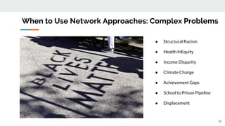 When to Use Network Approaches: Complex Problems
● Structural Racism
● Health InEquity
● Income Disparity
● Climate Change
● Achievement Gaps
● School to Prison Pipeline
● Displacement
16
 