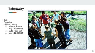 Takeaway
Q/A
Reflection
Level 2 Training
● June 20 1:30 EST
● July 12 3:30 EST
● Oct 3 Noon EST
● Nov 14 2:30 EST
36
 