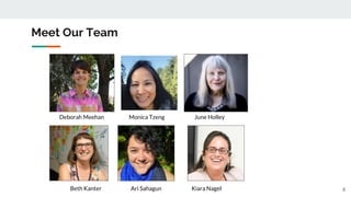 Meet Our Team
Deborah Meehan Monica Tzeng June Holley
Beth Kanter Ari Sahagun Kiara Nagel 8
 