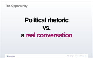 © Blue State Digital | Proprietary and Confidential
The Opportunity
Political rhetoric !
vs. !
a real conversation
7
 