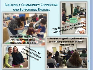 BUILDING A COMMUNITY: CONNECTING
AND SUPPORTING FAMILIES
Stories and Songs of the
American Preschool: A
Program for ELL Families
Jeanine Fitzgerald: spoke to the
role of temperament in behavior
management
 