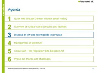 10
www.oeko.de
Agenda
1 Quick ride through German nuclear power history
3 Disposal of low and intermediate level waste
4 Management of spent fuel
5 A new start – the Repository Site Selection Act
6 Phase out chance and challenges
2 Overview of nuclear waste amounts and facilities
Waste Management Germany│Kallenbach-Herbert│Stockholm│3 June 2014
 