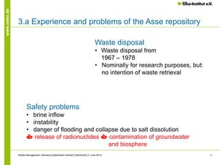 13
www.oeko.de
3.a Experience and problems of the Asse repository
Waste disposal
• Waste disposal from
1967 – 1978
• Nominally for research purposes, but:
no intention of waste retrieval
Safety problems
• brine inflow
• instability
• danger of flooding and collapse due to salt dissolution
è release of radionuclides è contamination of groundwater
and biosphere
Waste Management Germany│Kallenbach-Herbert│Stockholm│3 June 2014
 