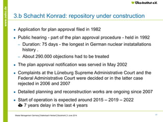 17
www.oeko.de
3.b Schacht Konrad: repository under construction
● Application for plan approval filed in 1982
● Public hearing - part of the plan approval procedure - held in 1992
‒ Duration: 75 days - the longest in German nuclear instatallations
history .
‒ About 290.000 objections had to be treated
● The plan approval notification was served in May 2002
● Complaints at the Lüneburg Supreme Administrative Court and the
Federal Administrative Court were decided or in the latter case
rejected in 2006 and 2007
● Detailed planning and reconstruction works are ongoing since 2007
● Start of operation is expected around 2015 – 2019 – 2022
è 7 years delay in the last 4 years
Waste Management Germany│Kallenbach-Herbert│Stockholm│3 June 2014
 