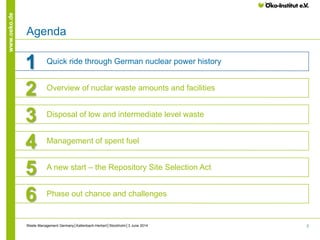 2
www.oeko.de
Waste Management Germany│Kallenbach-Herbert│Stockholm│3 June 2014
Agenda
1 Quick ride through German nuclear power history
3 Disposal of low and intermediate level waste
4 Management of spent fuel
5 A new start – the Repository Site Selection Act
6 Phase out chance and challenges
2 Overview of nuclar waste amounts and facilities
 
