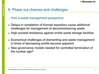 31
www.oeko.de
6. Phase out chances and challenges
…from a waste management perspective
● Delays in completion of Konrad repository cause additional
challenges for management of decommissioning waste
● High societal resistance against onsite waste storage facilities
● Economical challenges of dismantling and waste management
in times of decreasing profits become apparent
● New governance models needed for controlled termination of
the nuclear age?
Waste Management Germany│Kallenbach-Herbert│Stockholm│3 June 2014
 