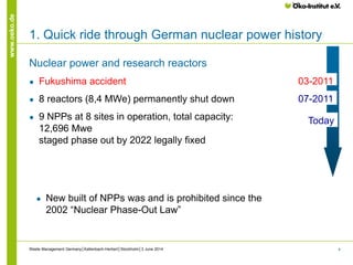 4
www.oeko.de
1. Quick ride through German nuclear power history
Nuclear power and research reactors
● Fukushima accident
● 8 reactors (8,4 MWe) permanently shut down
● 9 NPPs at 8 sites in operation, total capacity:
12,696 Mwe
staged phase out by 2022 legally fixed
03-2011
07-2011
Today
● New built of NPPs was and is prohibited since the
2002 “Nuclear Phase-Out Law”
Waste Management Germany│Kallenbach-Herbert│Stockholm│3 June 2014
 
