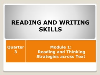 READING AND WRITING
SKILLS
Quarter
3
Module 1:
Reading and Thinking
Strategies across Text
 