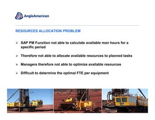 RESOURCES ALLOCATION PROBLEM


  SAP PM Function not able to calculate available man hours for a
  specific period

  Therefore not able to allocate available resources to planned tasks

  Managers therefore not able to optimize available resources

  Difficult to determine the optimal FTE per equipment




                                                                        5
 