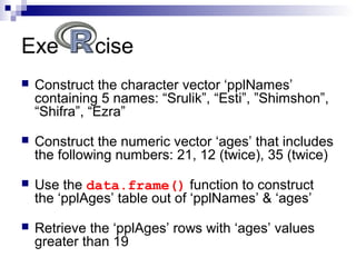 Exe cise
 Construct the character vector ‘pplNames’
containing 5 names: “Srulik”, “Esti”, ”Shimshon”,
“Shifra”, “Ezra”
 Construct the numeric vector ‘ages’ that includes
the following numbers: 21, 12 (twice), 35 (twice)
 Use the data.frame() function to construct
the ‘pplAges’ table out of ‘pplNames’ & ‘ages’
 Retrieve the ‘pplAges’ rows with ‘ages’ values
greater than 19
 
