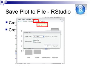 Save Plot to File - RStudio
 Create a .PNG file
 Create a .PDF file
 