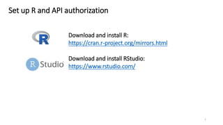Set up R and API authorization
Download and install R:
https://cran.r-project.org/mirrors.html
Download and install RStudio:
https://www.rstudio.com/
1
 