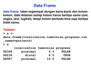 Data Frame data frame:  tabel segiempat dengan baris-baris dan kolom-kolom; data didalam setiap kolom harus bertipe sama (mis. angka, text, logikal), tetapi kolom berbeda bisa saja bertipe tidak sama. Teladan: > a <-data.frame(localization,tumorsize,progress,row.names=patients) > a l o c alization tumorsize  p rogress XX348  proximal  6.3  FALSE XX234  distal  8.0  TRUE XX987  proximal  10.0  FALSE 