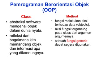 Pemrograman Berorientasi Objek (OOP) Class  abstraksi software mengenai objek dalam dunia nyata. refleksi dari bagaimana kita memandang objek dan informasi apa yang dikandungnya.  Method fungsi melakukan aksi terhadap data (objects).  aksi fungsi tergantung pada class dari argumen-argumennya. sebuah   fungsi generic  dapat segera digunakan. 