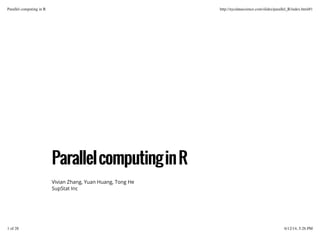 PPaarraalllleellccoommppuuttiinnggiinnRR
Vivian Zhang, Yuan Huang, Tong He
SupStat Inc
Parallel computing in R http://nycdatascience.com/slides/parallel_R/index.html#1
1 of 28 6/12/14, 5:26 PM
 