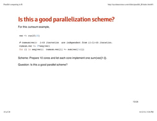 IIsstthhiissaaggooooddppaarraalllleelliizzaattiioonnsscchheemmee??
For this cumsum example,
Scheme: Prepare 10 cores and let each core implement one sum(vec[1:i]).
Question: Is this a good parallel scheme?
vec <- runif(10)
# cumsum(vec): i-th itervation are independent from (i-1)-th iteration.
cumsum.vec <- 0*seq(vec)
for (i in seq(vec)) cumsum.vec[i] <- sum(vec[1:i])
10/28
Parallel computing in R http://nycdatascience.com/slides/parallel_R/index.html#1
10 of 28 6/12/14, 5:26 PM
 