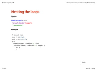 NNeessttiinnggtthheellooooppss
Syntax
foreach object 1 %:%
foreach object 2 %dopar%
{ expression }
Example
# foreach code
bvec <- c(1,2,3)
avec <- c(-1,-2,-3)
x <-
foreach(b=bvec, .combine='c') %:%
foreach(a=avec, .combine='c') %dopar% {
a + b
}
26/28
Parallel computing in R http://nycdatascience.com/slides/parallel_R/index.html#1
26 of 28 6/12/14, 5:26 PM
 
