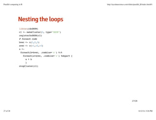 NNeessttiinnggtthheellooooppss
library(doSNOW)
cl <- makeCluster(2, type="SOCK")
registerDoSNOW(cl)
# foreach code
bvec <- c(1,2,3)
avec <- c(-1,-2,-3)
x <-
foreach(b=bvec, .combine='c') %:%
foreach(a=avec, .combine='c') %dopar% {
a + b
}
stopCluster(cl)
27/28
Parallel computing in R http://nycdatascience.com/slides/parallel_R/index.html#1
27 of 28 6/12/14, 5:26 PM
 