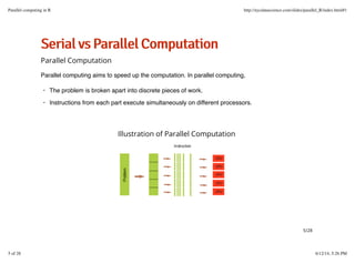 SSeerriiaallvvssPPaarraalllleellCCoommppuuttaattiioonn
Parallel Computation
Parallel computing aims to speed up the computation. In parallel computing,
Illustration of Parallel Computation
The problem is broken apart into discrete pieces of work.
Instructions from each part execute simultaneously on different processors.
·
·
5/28
Parallel computing in R http://nycdatascience.com/slides/parallel_R/index.html#1
5 of 28 6/12/14, 5:26 PM
 