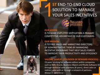 1

ST	
  END-­‐TO-­‐END	
  CLOUD	
  
SOLUTION	
  TO	
  MANAGE	
  
YOUR	
  SALES	
  INCENTIVES	
  

OUR	
  VISION	
  
IS	
  TO	
  MAKE	
  EMPLOYEE	
  MOTIVATION	
  A	
  PRIMARY	
  
COMPETITIVE	
  ADVANTAGE	
  OF	
  OUR	
  CUSTOMERS	
  	
  

OUR	
  MISSION	
  
IS	
  TO	
  FREE	
  SALES	
  AND	
  MARKETING	
  DIRECTORS	
  	
  
OF	
  ADMINISTRATIVE	
  TASKS	
  BY	
  MANAGING	
  
INCENTIVE	
  PROGRAMS	
  THAT	
  HELP	
  SALES	
  FORCES	
  
TO	
  IMPROVE	
  THEIR	
  PRODUCTIVITY	
  AND	
  EFFICIENCY	
  
	
  
VALÉRIE	
  SAMUEL	
  (FOUNDER	
  OF	
  REWARD	
  PROCESS)	
  :	
  

23	
  years	
  working	
  for	
  soFware	
  editors	
  within	
  companies	
  	
  
such	
  as	
  NCR,	
  Oracle,	
  Business	
  Objects	
  and	
  ﬁnally	
  SoFware	
  AG
through	
  technical	
  sales	
  posiSons	
  (8	
  years),	
  direct	
  sales	
  or	
  	
  
indirect	
  sales	
  with	
  or	
  through	
  a	
  network	
  of	
  partners.	
  
Always	
  in	
  sales	
  force	
  !	
  

 