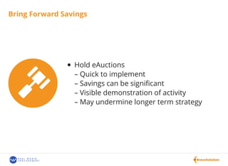 Bring Forward Savings
Hold eAuctions
– Quick to implement
– Savings can be signiﬁcant
– Visible demonstration of activity
– May undermine longer term strategy
 