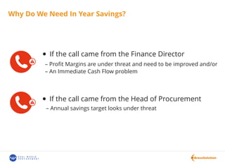 Why Do We Need In Year Savings?
If the call came from the Finance Director
If the call came from the Head of Procurement
– Proﬁt Margins are under threat and need to be improved and/or
– An Immediate Cash Flow problem
– Annual savings target looks under threat
 