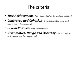 The criteria
• Task Achievement—Does it contain the information instructed?
• Coherence and Cohesion—is the information presented
clearly and understandably?
• Lexical Resource—is it not repetitive?
• Grammatical Range and Accuracy—does it employ
various grammar forms correctly?
 