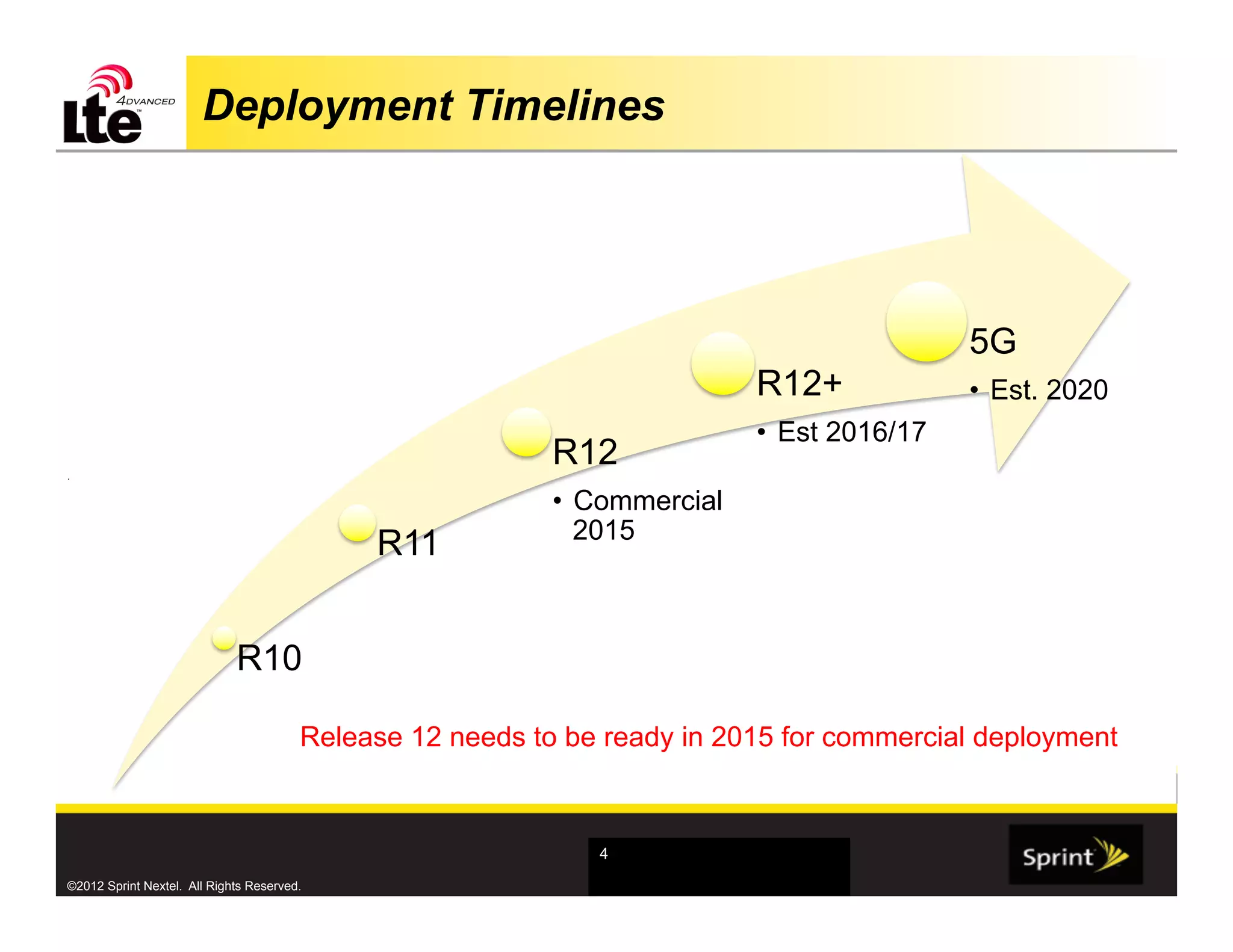 Deployment Timelines




                                                                                            5G
                                                                           R12+             •  Est. 2020
                                                                           •  Est 2016/17
.
                                                           R12
                                                           •  Commercial
                                                              2015
                                             R11


                             R10

                                        Release 12 needs to be ready in 2015 for commercial deployment



                                                              4

©2012 Sprint Nextel. All Rights Reserved.
 