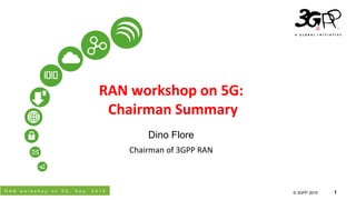 R A N w o r k s h o p o n 5 G , S e p . 2 0 1 5
© 3GPP 2012
© 3GPP 2015 1
RAN workshop on 5G:
Chairman Summary
Dino Flore
Chairman of 3GPP RAN
 