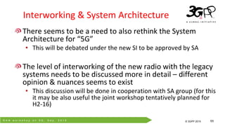 R A N w o r k s h o p o n 5 G , S e p . 2 0 1 5
© 3GPP 2012
© 3GPP 2015 11
Interworking & System Architecture
There seems to be a need to also rethink the System
Architecture for “5G”
• This will be debated under the new SI to be approved by SA
The level of interworking of the new radio with the legacy
systems needs to be discussed more in detail – different
opinion & nuances seems to exist
• This discussion will be done in cooperation with SA group (for this
it may be also useful the joint workshop tentatively planned for
H2-16)
 