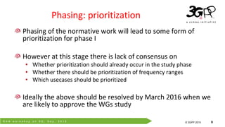 R A N w o r k s h o p o n 5 G , S e p . 2 0 1 5
© 3GPP 2012
© 3GPP 2015 9
Phasing: prioritization
Phasing of the normative work will lead to some form of
prioritization for phase I
However at this stage there is lack of consensus on
• Whether prioritization should already occur in the study phase
• Whether there should be prioritization of frequency ranges
• Which usecases should be prioritized
Ideally the above should be resolved by March 2016 when we
are likely to approve the WGs study
 