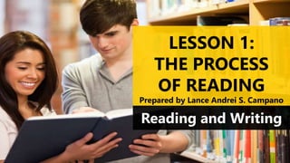 LESSON 1:
THE PROCESS
OF READING
Reading and Writing
Prepared by Lance Andrei S. Campano
 