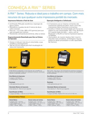 Impressora Robusta e Fácil de Usar
•	Certificacão IP54 pela resistência a respingos de
água e poeira
•	Resistência a quedas de até 2 metros de altura
sobre concreto
•	Peso de 1 1/2 a 2 lbs. (660 a 910 gramas) para que
seja carregada sem esforço
•	Resistentes a temperaturas extremas, altas ou baixas
Ergonomicamente Desenhada para Uso na Cintura
do Operador
•	Acesso à mídia por meio de um único botão, o que
simplifica o recarregamento
•	Tela de LCD em ângulo para fácil visualização do
status da impressora
Conheça a RW™ Series
A RW™ Series: Robusta e ideal para o trabalho em campo. Com mais
recursos do que qualquer outra impressora portátil do mercado.
Operação Inteligente e Sofisticada
•	A impressora usa os mesmos comandos das
impressoras desktop da Zebra, assim como das
impressoras Zebra industriais e comerciais.
•	Escolha o módulo de conectividade sem fio que se
adapte às suas necessidades: 802.11b/g, Bluetooth
2.0, suporte duplo de rádio — para o uso do
Bluetooth®
e WLAN na mesma impressora (apenas
na RW420).
•	Você poderá, de maneira rápida e fácil, imprimir
etiquetas mais complexas, simbologias e figuras,
graças ao rápido processador e a alta capacidade
de memoria.
RW 220™ RW 420™
A RW 220 de 2 polegadas é muito facil de usar, simplifica as
tarefas de impressão móvel com interfaces intuitivas, construção
robusta e impressão confiável.
Nem vento, nem chuva, nem temperaturas extremas conseguem
impedir que a RW 420 imprima recibos e tickets de 4 polegadas
de alta qualidade.
Área Máxima de Impressão
•	Largura: 2,20”/56 mm
•	Comprimento: Contínuo
Área Máxima de Impressão
•	Largura: 4,09”/104 mm
•	Comprimento: Contínuo
Resolução
•	203 dpi/8 pontos por mm
Resolução
•	203 dpi/8 pontos por mm
Velocidade Máxima de Impressão
•	No máximo 3” / 76,2 mm por segundo
Velocidade Máxima de Impressão
•	No máximo 3” / 76,2 mm por segundo
Especificações da Mídia
•	Largura da Mídia: 1”/25 mm to 2,37”/60 mm
Especificações da Mídia
•	Largura da Mídia: Padrão 2”/51 mm to 4,12”/105 mm
Características Físicas
Versão Básica
•	Largura: 4,4” / 112 mm
•	Profundidade: 2,9” / 74 mm
•	Altura: 6,8” / 173 mm
•	Peso: 1,45 lbs. / 658 g
Versão Leitora de Cartões
•	Largura: 4,4” / 112 mm
•	Profundidade: 3,2” / 81,2 mm
•	Altura: 6,8” / 173 mm
•	Peso: 1,55 lbs. / 703 g
Versão Básica
•	Largura: 6,3” / 160 mm
•	Profundidade: 3,0” / 76 mm
•	Altura: 6,9” / 175 mm
•	Peso: 2,00 lbs. / 907 g
Versão Leitora de Cartões
•	Largura: 6,3” / 160 mm
•	Profundidade: 3,1” / 79 mm
•	Altura: 6,9” / 175 mm
•	Peso: 2,15 lbs. / 975 g
Zebra®
RW™ Series2
 