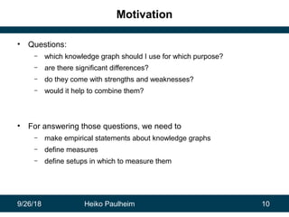 9/26/18 Heiko Paulheim 10
Motivation
• Questions:
– which knowledge graph should I use for which purpose?
– are there sign...