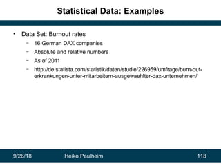 9/26/18 Heiko Paulheim 118
Statistical Data: Examples
• Data Set: Burnout rates
– 16 German DAX companies
– Absolute and r...