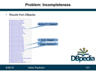 9/26/18 Heiko Paulheim 131
Problem: Incompleteness
• Results from DBpedia
Arthur C. Clarke?
H.G. Wells?
Isaac Asimov?
 