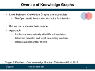 9/26/18 Heiko Paulheim 37
Overlap of Knowledge Graphs
• Links between Knowledge Graphs are incomplete
– The Open World Ass...