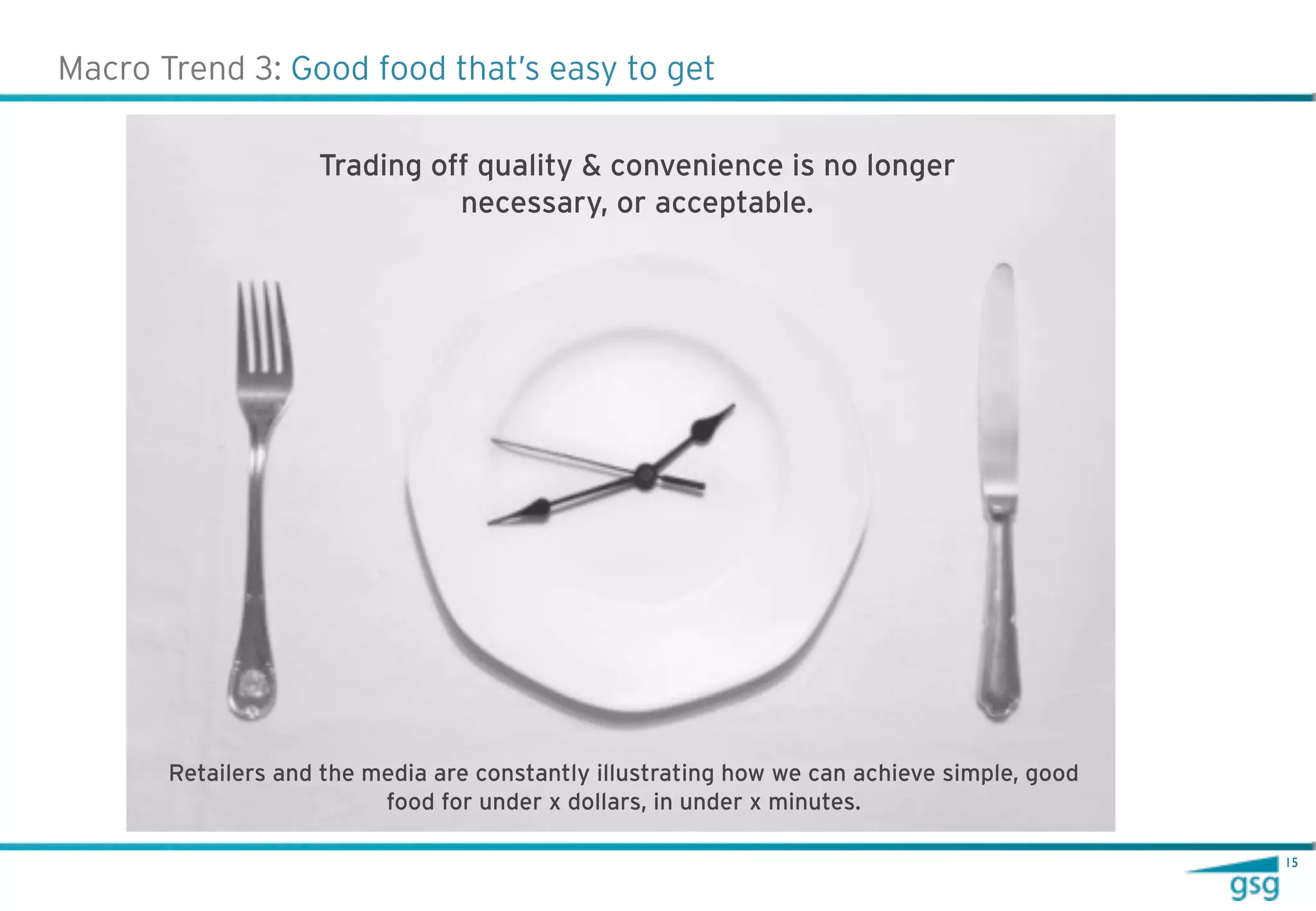 Macro Trend 3: Good food that’s easy to get

                    Trading off quality & convenience is no longer
                              necessary, or acceptable.




       Retailers and the media are constantly illustrating how we can achieve simple, good
                          food for under x dollars, in under x minutes.

                                                                                             15
 