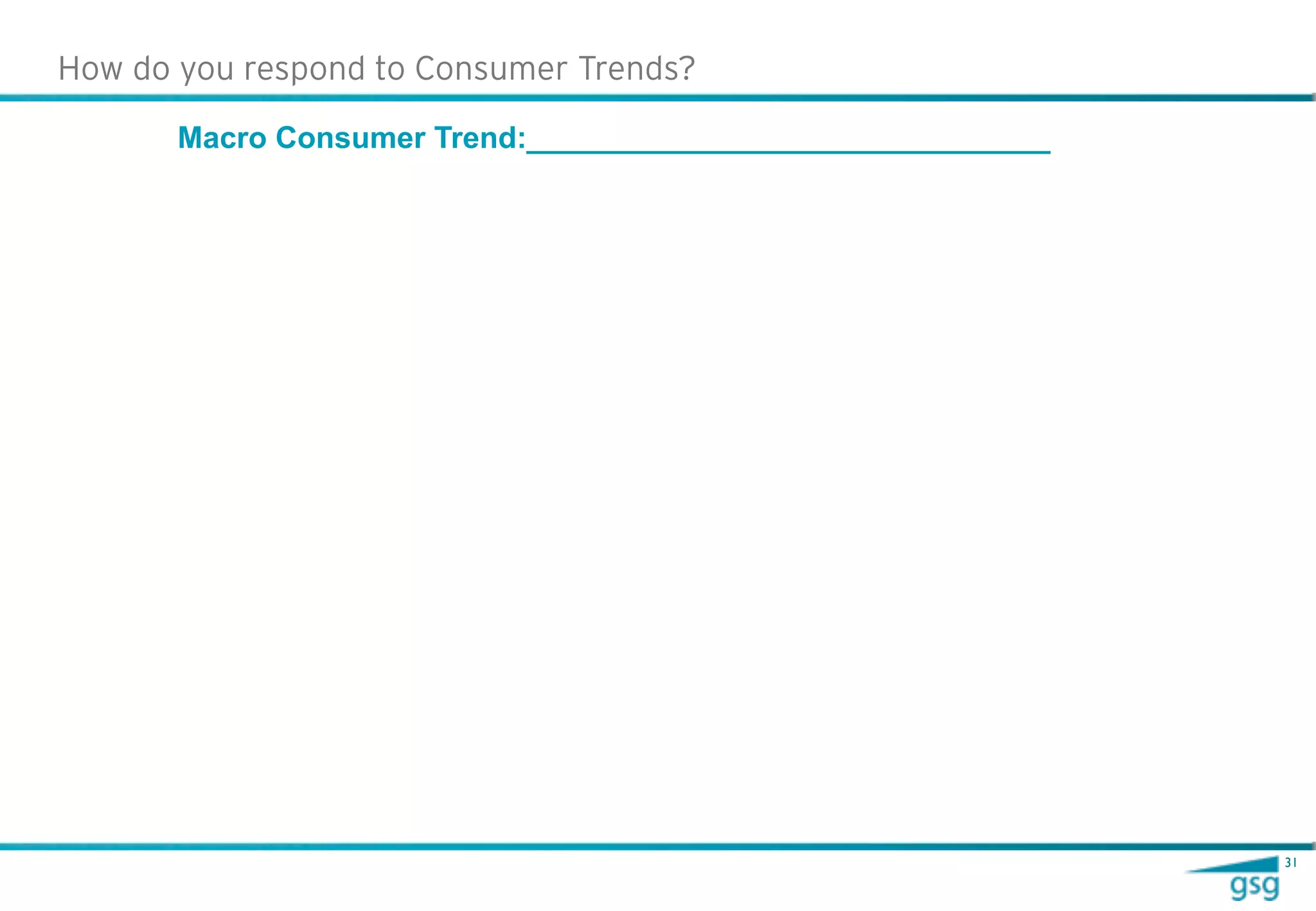How do you respond to Consumer Trends?

       Macro Consumer Trend:_______________________________




                                                              31
 