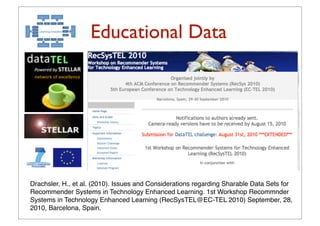 Educational Data




Drachsler, H., et al. (2010). Issues and Considerations regarding Sharable Data Sets for
Recommender Systems in Technology Enhanced Learning. 1st Workshop Recommnder
Systems in Technology Enhanced Learning (RecSysTEL@EC-TEL 2010) September, 28,
2010, Barcelona, Spain.
                                          17
 