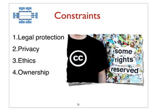 Constraints

1.Legal protection
2.Privacy
3.Ethics
4.Ownership



                     21
 