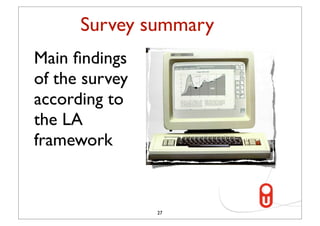 Survey summary
Main ﬁndings
of the survey
according to
the LA
framework


                27
 