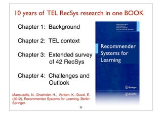 10 years of TEL RecSys research in one BOOK

   Chapter 1: Background

   Chapter 2: TEL context
                                                        Recommender
   Chapter 3: Extended survey                           Systems for
              of 42 RecSys                              Learning

   Chapter 4: Challenges and
              Outlook
Manouselis, N., Drachsler, H., Verbert, K., Duval, E.
(2012). Recommender Systems for Learning. Berlin:
Springer.
                                             35
 