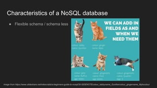 ● Flexible schema / schema less
Characteristics of a NoSQL database
Image from https://www.slideshare.net/mikecrabb/a-beginners-guide-to-nosql/30-SIDENOTEcolour_tabbyname_Gunthercolour_gingername_Mylocolour
 