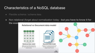 ● Flexible schema / schema less
● Non relational (forget about normalization today - but you have to know it for
the exam :) )
Characteristics of a NoSQL database
 