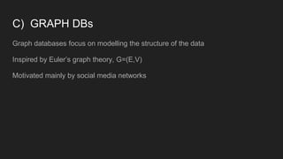 C) GRAPH DBs
Graph databases focus on modelling the structure of the data
Inspired by Euler’s graph theory, G=(E,V)
Motivated mainly by social media networks
 
