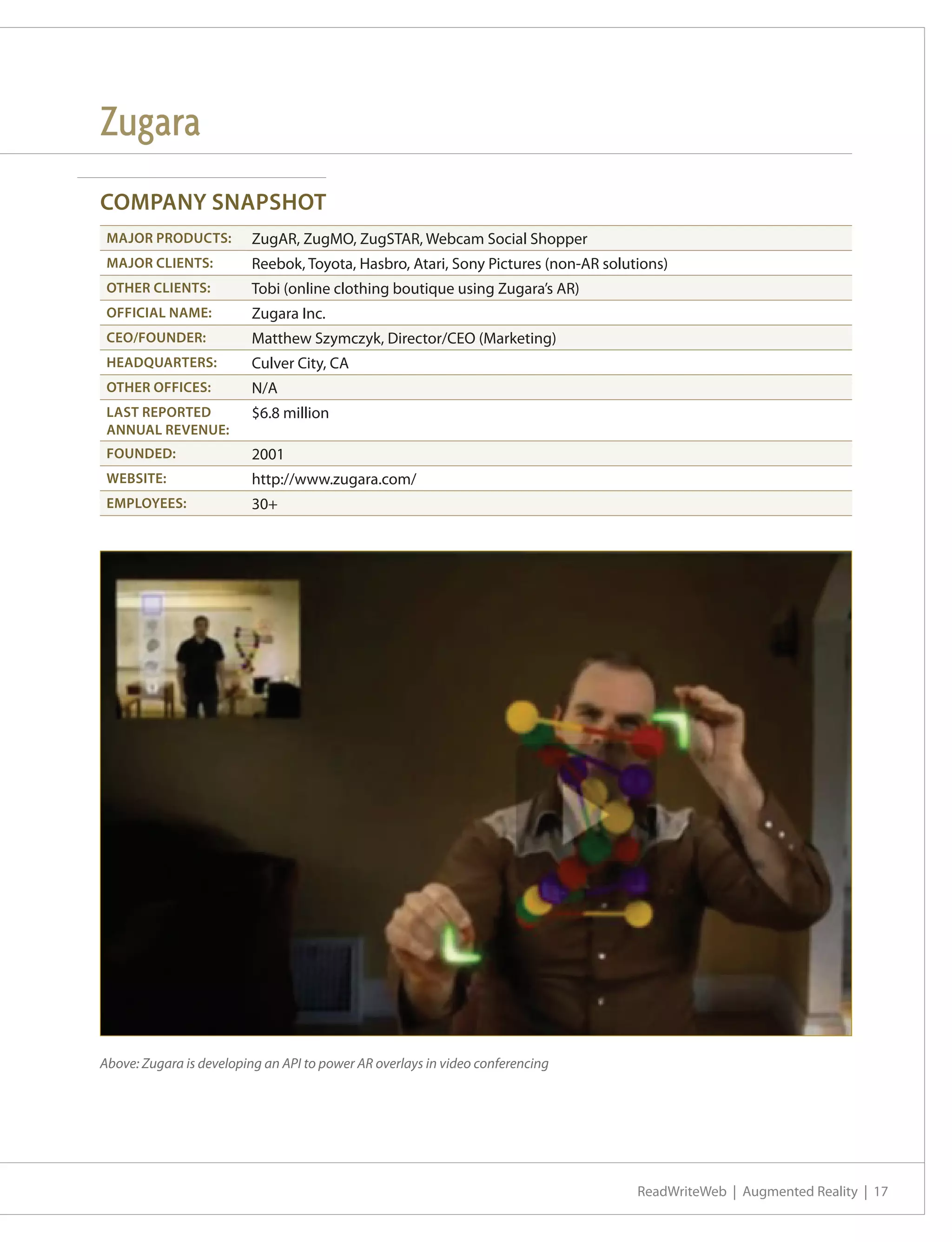 Zugara
COMPANY SNAPSHOT
 MAJOR PRODUCTS:          ZugAR, ZugMO, ZugSTAR, Webcam Social Shopper
 MAJOR CLIENTS:           Reebok, Toyota, Hasbro, Atari, Sony Pictures (non-AR solutions)
 OTHER CLIENTS:           Tobi (online clothing boutique using Zugara’s AR)
 OFFICIAL NAME:           Zugara Inc.
 CEO/FOUNDER:             Matthew Szymczyk, Director/CEO (Marketing)
 HEADQUARTERS:            Culver City, CA
 OTHER OFFICES:           N/A
 LAST REPORTED            $6.8 million
 ANNUAL REVENUE:
 FOUNDED:                 2001
 WEBSITE:                 http://www.zugara.com/
 EMPLOYEES:               30+




Above: Zugara is developing an API to power AR overlays in video conferencing




                                                                                    ReadWriteWeb | Augmented Reality | 17
 